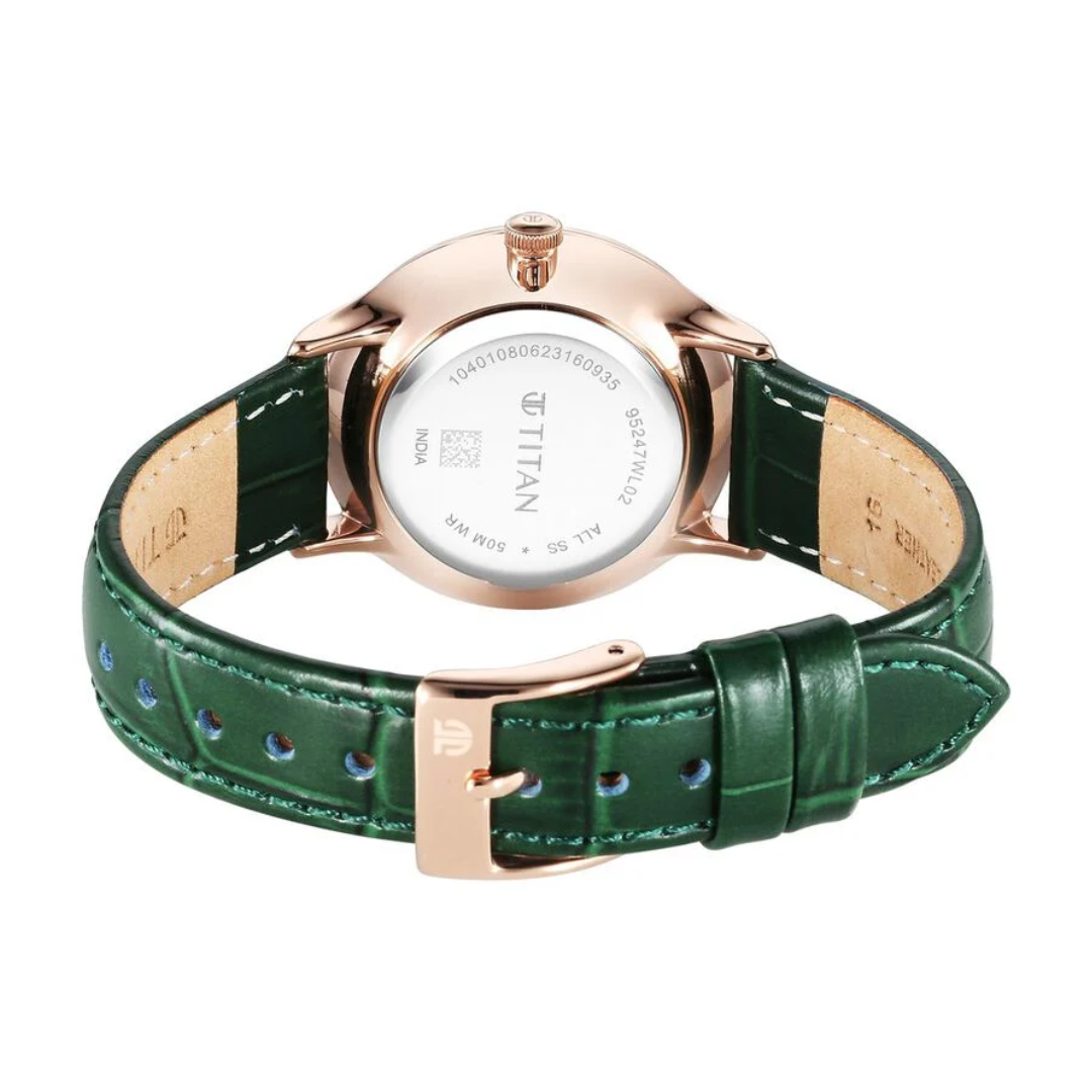 Titan Bright Leathers Green Dial Analog with Date Leather Strap Watch for Women 95247WL02 / NS95247WL02