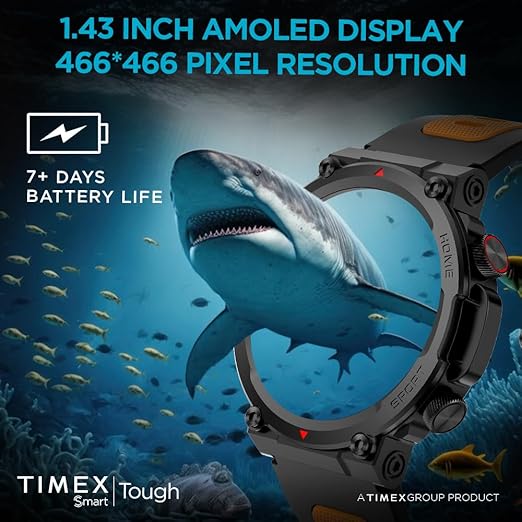 TIMEX Tough 1.43” Round AMOLED Rugged Smartwatch with 466x466 Pixel Resolution| Functional Crown|Bluetooth Calling| Metallic Body|Always On Display|AI Voice Assist|100+ Sports Modes TWTXW601T