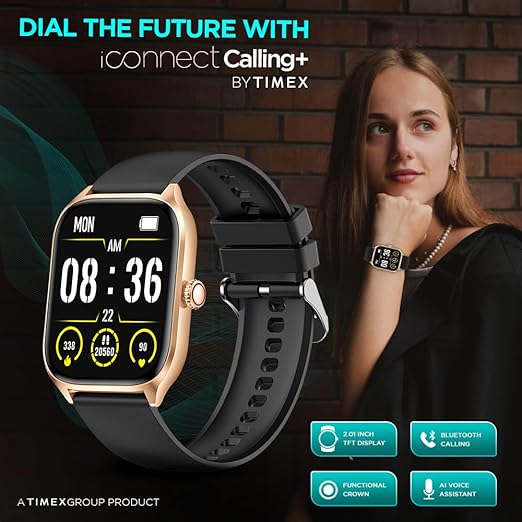 TIMEX iConnect Calling+ 2.01” TFT Display with 240x296 Pixel Resolution|Functional Crown|Bluetooth Calling|AI Voice Assist|100+ Sports Modes|100+ Watchfaces|Upto7 Days Battery(Normal Usage)-TWIXW503T