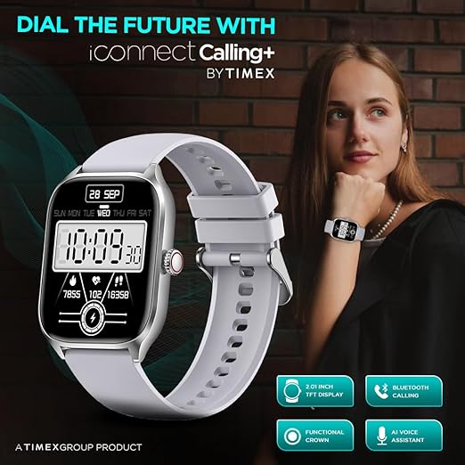 TIMEX iConnect Calling+ 2.01” TFT Display with 240x296 Pixel Resolution|Functional Crown|Bluetooth Calling|AI Voice Assist|100+ Sports Modes|100+ Watchfaces|Upto7 Days Battery(Normal Usage)-TWIXW502T