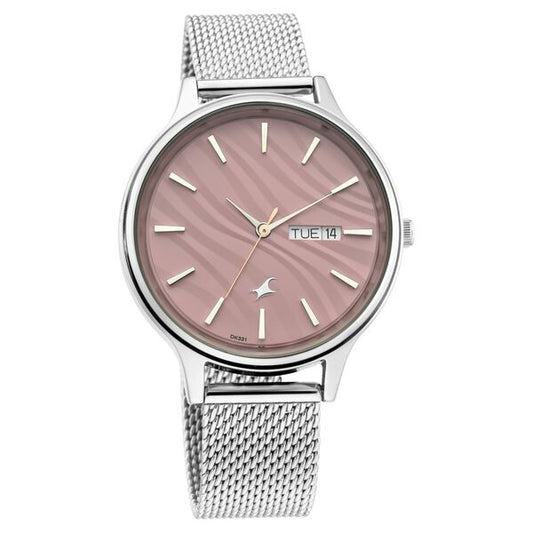 Fastrack Ruffles Quartz Analog with Day and Date Pink Dial Stainless Steel Strap Watch for Girls  NR6207NM01