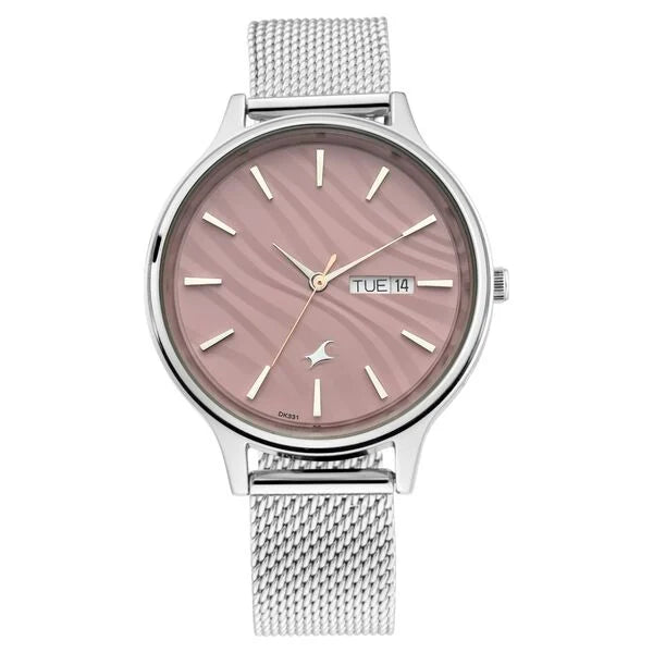 Fastrack Ruffles Quartz Analog with Day and Date Pink Dial Stainless Steel Strap Watch for Girls 6207sm01