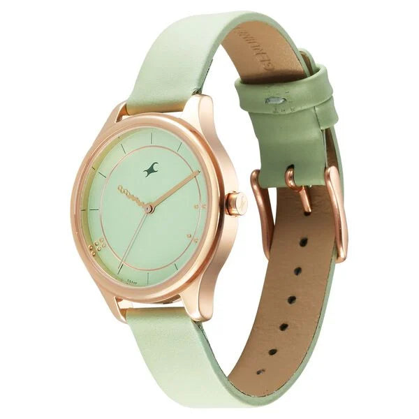 Fastrack Stunners Quartz Analog Green Dial Green Leather Strap Watch For Girls 6296wl02