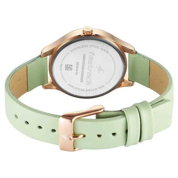 Fastrack Stunners Quartz Analog Green Dial Green Leather Strap Watch For Girls 6296wl02