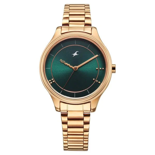 Fastrack Stunners Quartz Analog Green Dial Rose Gold Metal Strap Watch For Girls 6296wm02