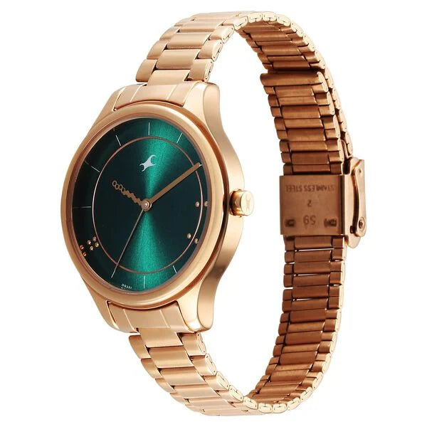 Fastrack Stunners Quartz Analog Green Dial Rose Gold Metal Strap Watch For Girls 6296wm02