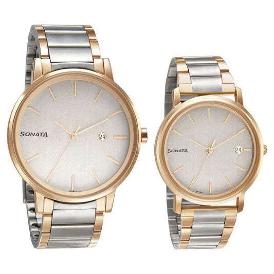 Sonata Quartz Analog with Date White Dial Metal Strap Watch for Couple 713187029km01p