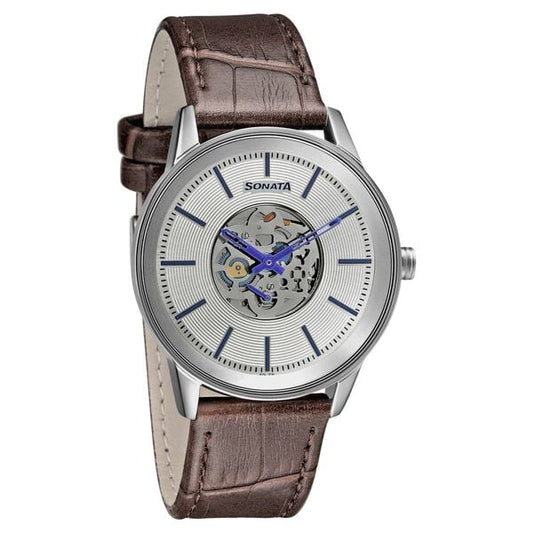 Sonata Quartz Multifunction Silver Dial Leather Strap Watch for Men nr7133sl01 / 7133sl01