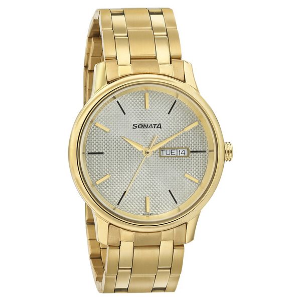 Sonata Quartz Analog with Day and Date Champagne Dial Metal Strap Watch for Men ns7134ym03 / 7134ym03