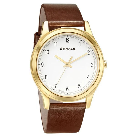 Sonata Quartz Analog White Dial Leather Strap Watch for Men nr7135yl01 / 7135yl01