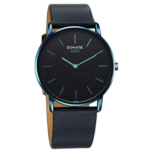 Sonata Sleek Quartz Analog Blue Dial Blue Leather Strap Watch For Men 7152ql01