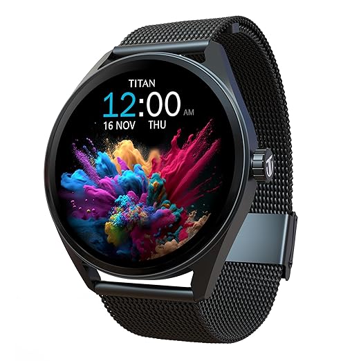 Titan Crest with 3.63 cm AMOLED Display with AOD, Functional Crown, BT Calling Smartwatch with Black Mesh Strap 90197am01