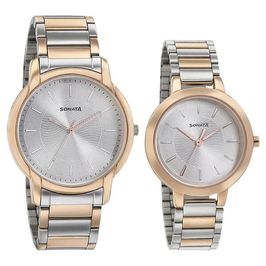 Sonata Quartz Analog Silver Dial Metal Strap Watch for Couple ns770318141km01p