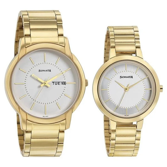 Sonata Quartz Analog White Dial Metal Strap Watch for Couple ns770318141ym01p