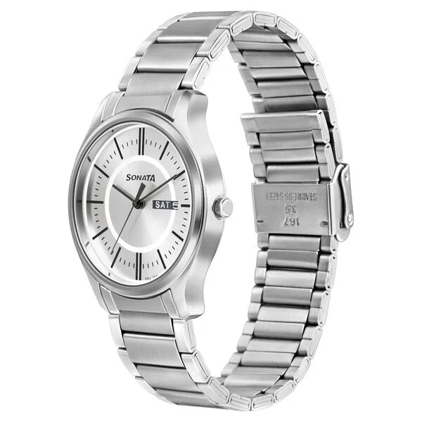 Sonata Quartz Analog with Day and Date Silver Dial Stainless Steel Strap Watch for Men ns77082sm02w / 77082sm02w