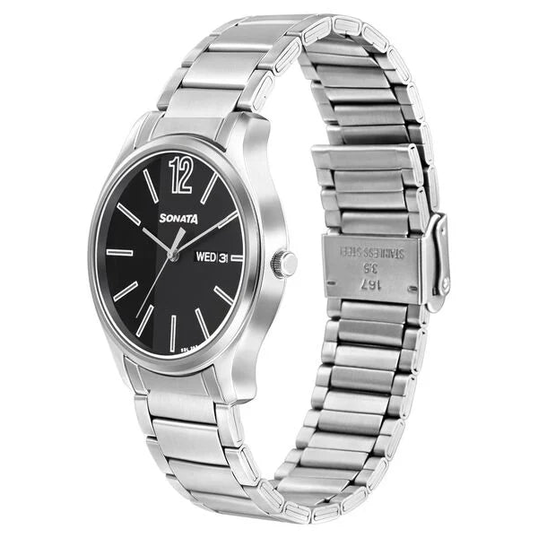 Sonata Quartz Analog with Day and Date Black Dial Stainless Steel Strap Watch for Men ns 77082sm03w