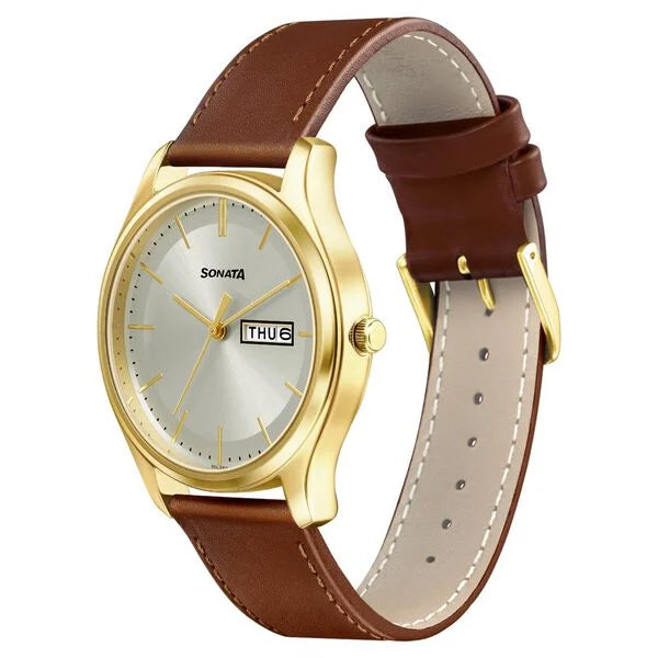 Sonata Quartz Analog with Day and Date Champagne Dial Leather Strap Watch for Men ns77082yl06w / 77082yl06w