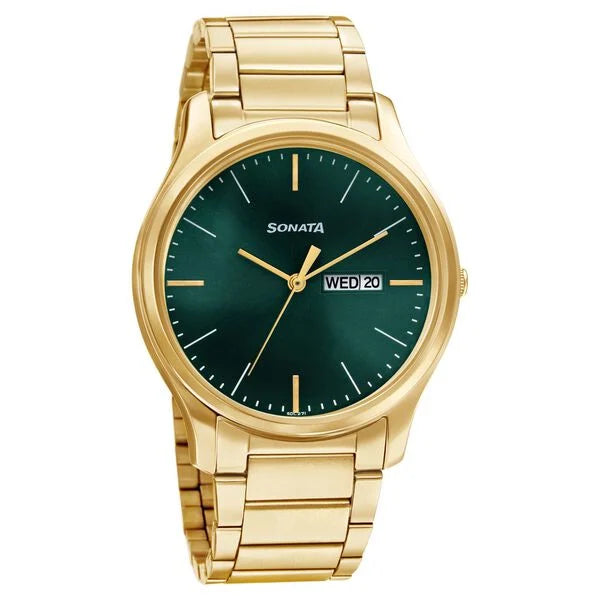 Sonata Quartz Analog with Day and Date Green Dial Stainless Steel Strap Watch for Men ns77082ym05w / 77082ym05w