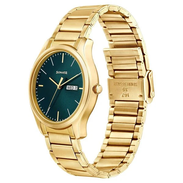 Sonata Quartz Analog with Day and Date Green Dial Stainless Steel Strap Watch for Men ns77082ym05w / 77082ym05w