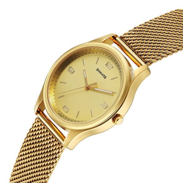 Sonata Traditional Essentials Quartz Analog Champagne Dial Stainless Steel Strap Watch for Men 77082ym13