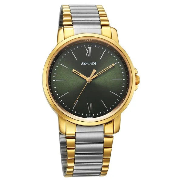 Sonata Traditional Essentials Quartz Analog Green Dial Stainless Steel Strap Watch for Men 77083bm01