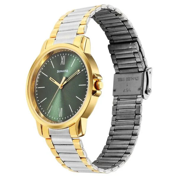 Sonata Traditional Essentials Quartz Analog Green Dial Stainless Steel Strap Watch for Men 77083bm01