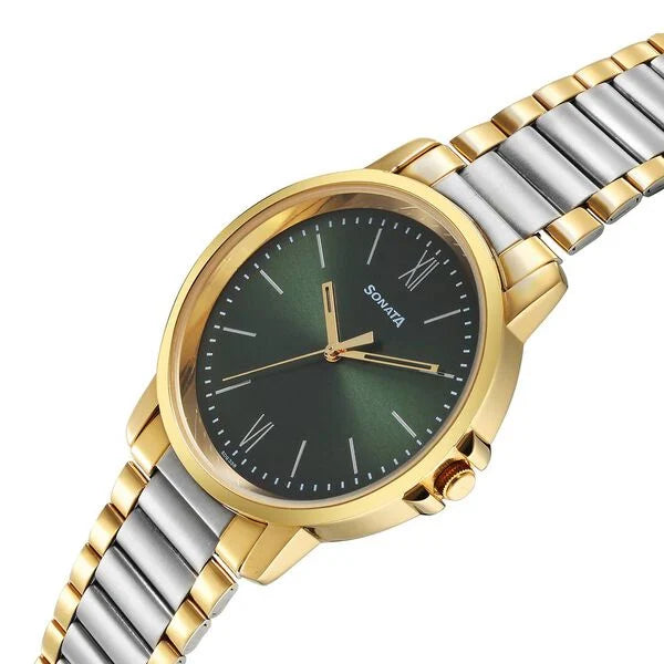 Sonata Traditional Essentials Quartz Analog Green Dial Stainless Steel Strap Watch for Men 77083bm01