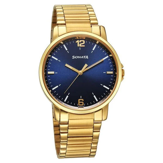 Sonata Traditional Essentials Quartz Analog Blue Dial Stainless Steel Strap Watch for Men 77083ym08