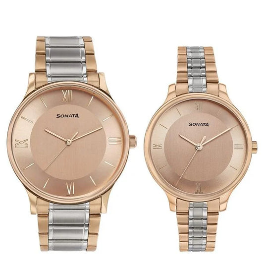 Sonata Modern Bandhan Quartz Analog Pink Dial Stainless Steel Strap Watch for Couple 7710587050km02