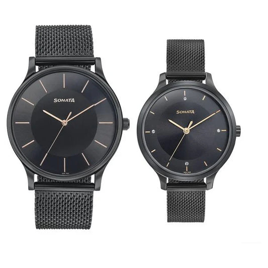 Sonata Modern Bandhan Quartz Analog Black Dial Stainless Steel Strap Watch for Couple 7710587050nm02