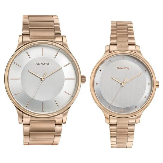 Sonata Modern Bandhan Quartz Analog Silver Dial Stainless Steel Strap Watch for Couple 7710587050wm02