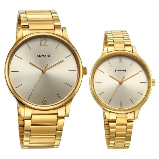 Sonata Pair Quartz Analog Champagne Dial Stainless Steel Strap Watch for Couple 7710587050ym01