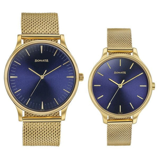 Sonata Modern Bandhan Quartz Analog Blue Dial Stainless Steel Strap Watch for Couple 7710587050ym03