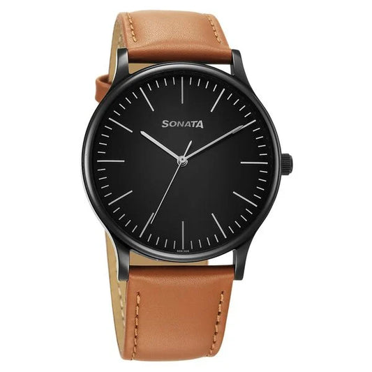 Sonata Aspire Quartz Analog Black Dial Leather Strap Watch For Men 77105nl15w