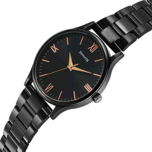 Sonata Aspire Quartz Analog Black Dial Stainless Steel Strap Watch for Men 77105NM09W