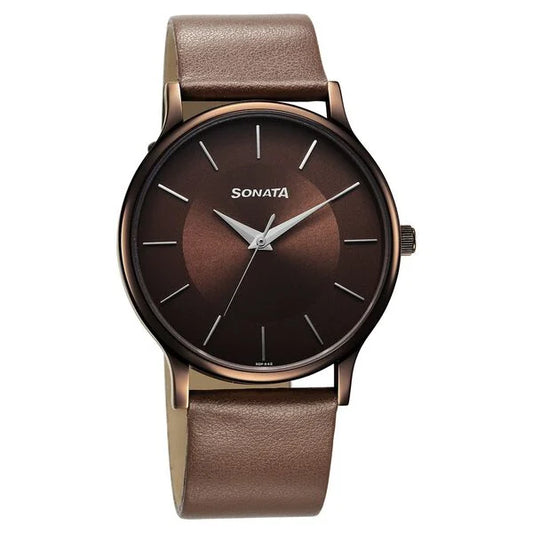 Sonata Aspire Quartz Analog Brown Dial Leather Strap Watch for Men ns77105ql02w / 77105ql02w