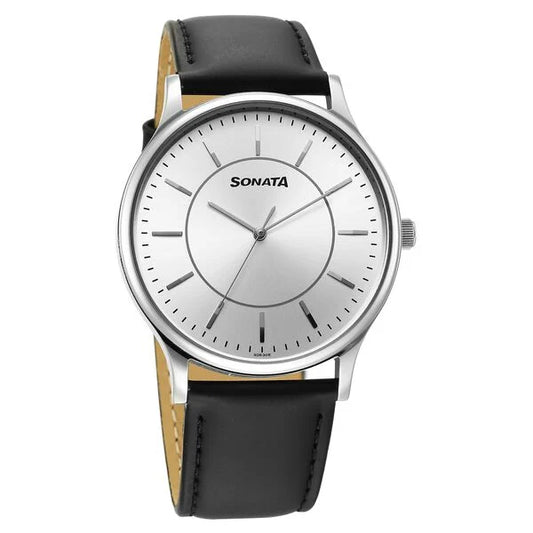 Sonata Aspire Quartz Analog Silver Dial Leather Strap Watch For Men 77105SL21W_P