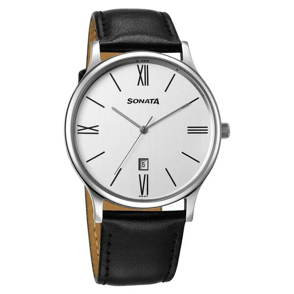 Sonata Aspire Quartz Analog with Day and Date White Dial Leather Strap Watch For Men 77105sl22w