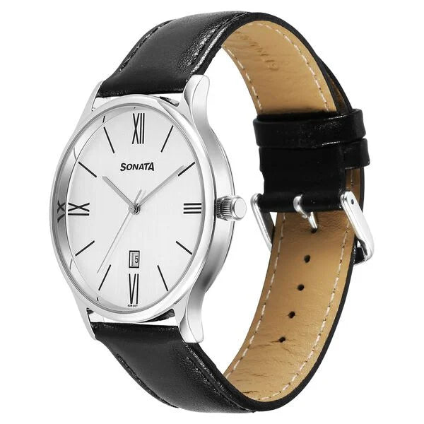 Sonata Aspire Quartz Analog with Day and Date White Dial Leather Strap Watch For Men 77105sl22w