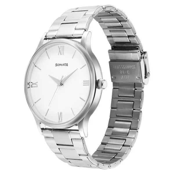 Sonata Aspire Quartz Analog White Dial Stainless Steel Strap Watch for Men NS77105SM12w