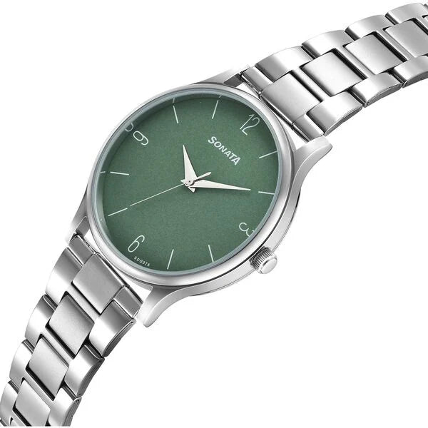 Sonata Aspire Quartz Analog Green Dial Stainless Steel Strap Watch for Men 77105sm13w