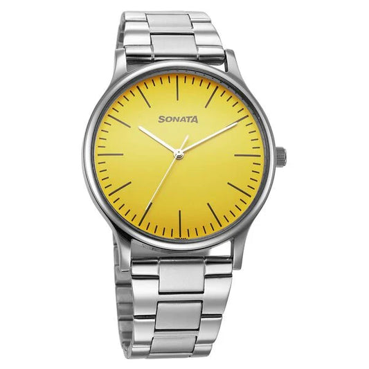 Sonata Aspire Quartz Analog Yellow Dial Stainless Steel Strap Watch For Men 77105sm16w