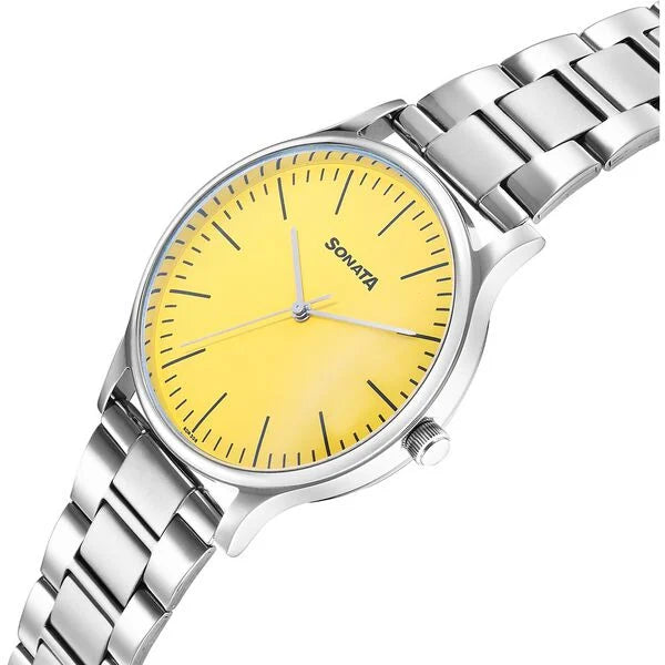 Sonata Aspire Quartz Analog Yellow Dial Stainless Steel Strap Watch For Men 77105sm16w