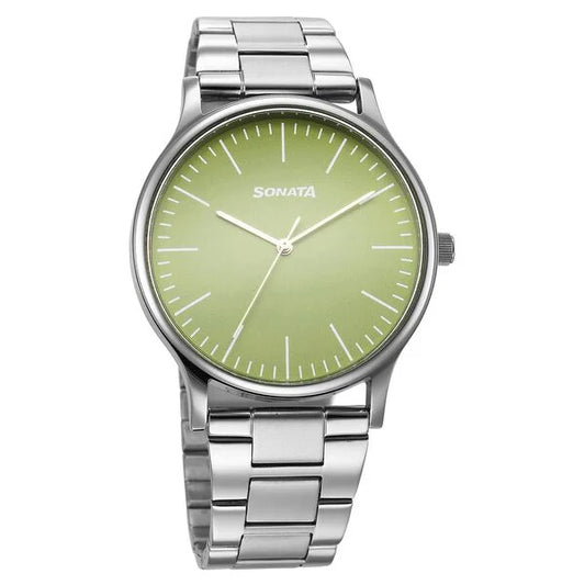 Sonata Aspire Quartz Analog Green Dial Stainless Steel Strap Watch For Men 77105SM20W