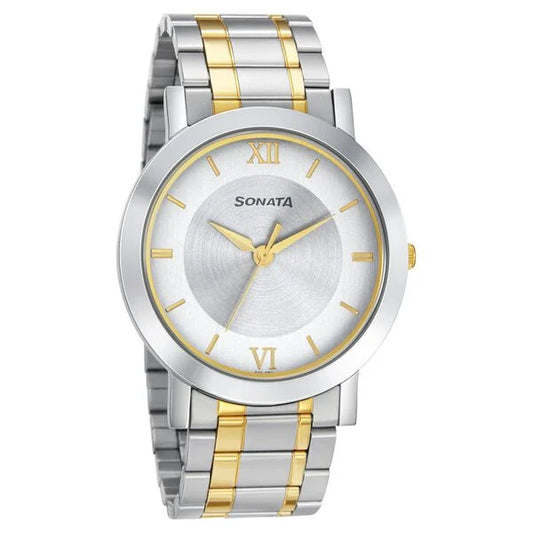 Sonata Quartz Analog with Date Silver Dial Stainless Steel Strap Watch for Men NS77108BM02W