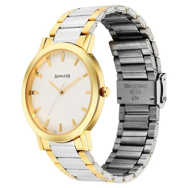 Sonata Utsav Quartz Analog White Dial Stainless Steel Strap Watch for Men 77108bm05