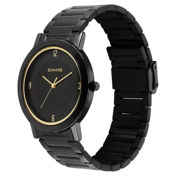 Sonata Utsav Quartz Analog Black Dial Stainless Steel Strap Watch for Men 77108nm02