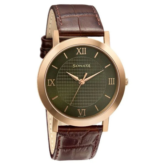 Sonata Quartz Analog Green Dial Leather Strap Watch for Men nr77108wl01w / 77108wl01w