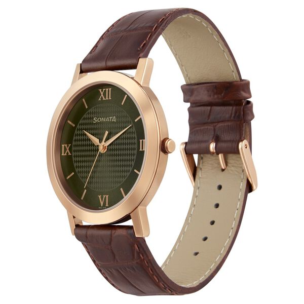 Sonata Quartz Analog Green Dial Leather Strap Watch for Men nr77108wl01w / 77108wl01w