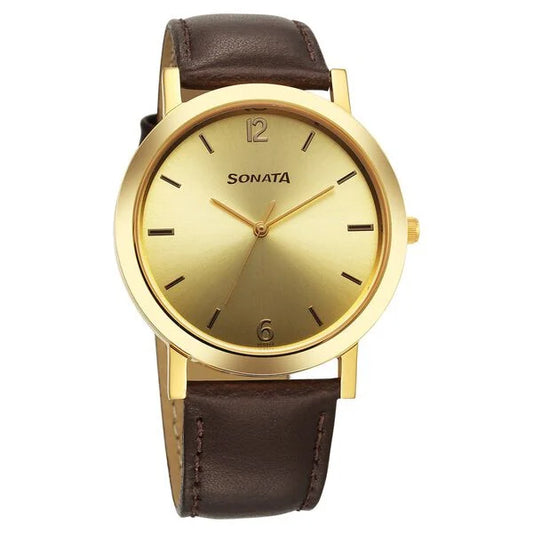 Sonata Utsav Quartz Analog Champagne Dial Leather Strap Watch for Men 77108yl03